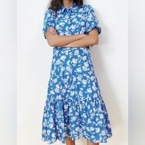 Zara Collared Floral Midi Dress Blue & White XS